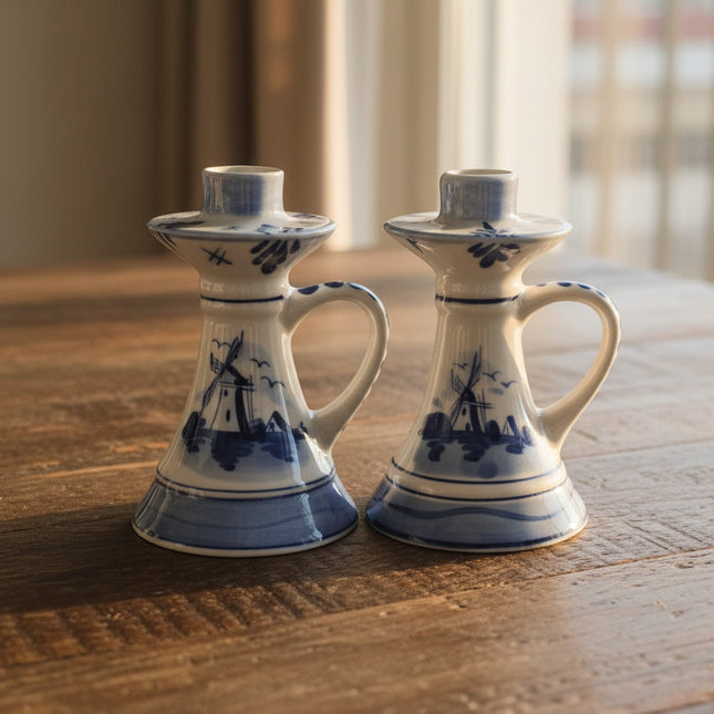 2 bougeoirs vintage en faïence bleue de Delft à anses - Décor Moulin