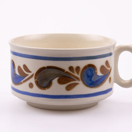 6 tasses à café et sous-tasses blanc/beige Boch Keramis avec une décor bleu et caramel