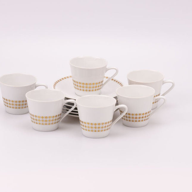 6 tasses et soucoupes en porcelaine blanche à motifs de points dorés 