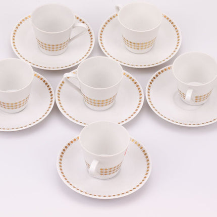 6 tasses et soucoupes en porcelaine blanche à motifs de points dorés 