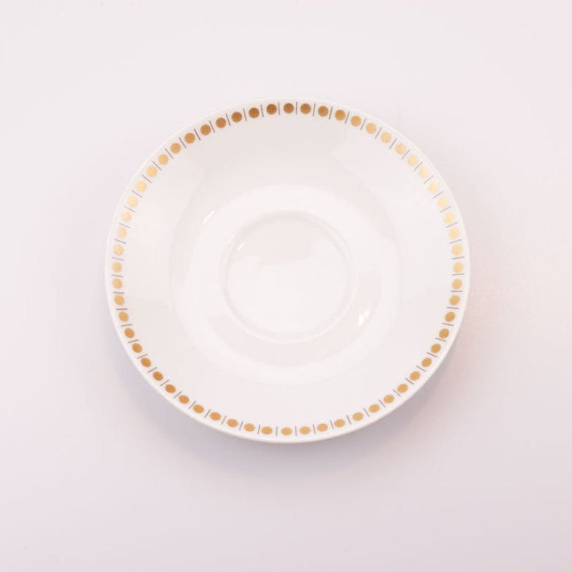 6 tasses et soucoupes en porcelaine blanche à motifs de points dorés 