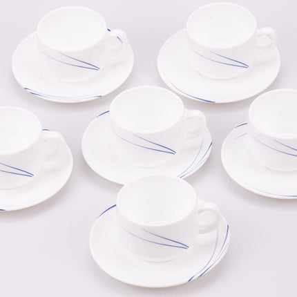 6 tasses et sous-tasses blanches Arcopal à motif bleu