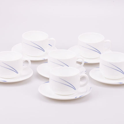 6 tasses et sous-tasses blanches Arcopal à motif bleu