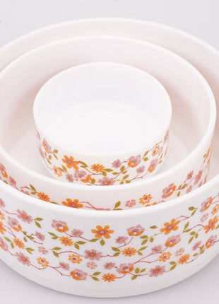 Trio de saladiers Arcopal Scania en verre opaline blanc et fleurs oranges