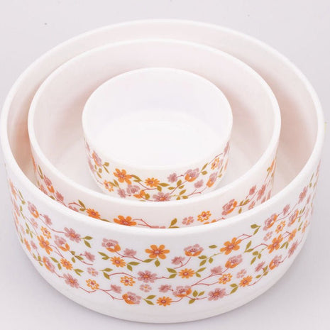 Trio de saladiers Arcopal Scania en verre opaline blanc et fleurs oranges