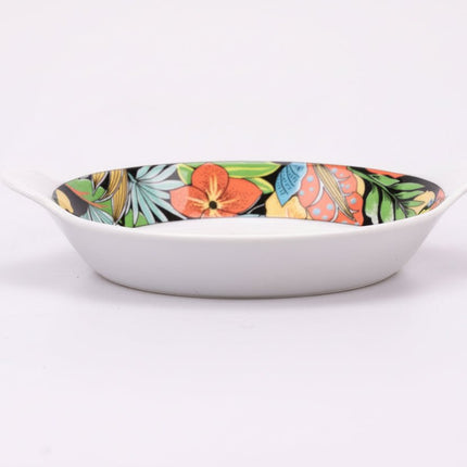 Petit plat vintage en porcelaine Pillivuyt blanche et décor exotique