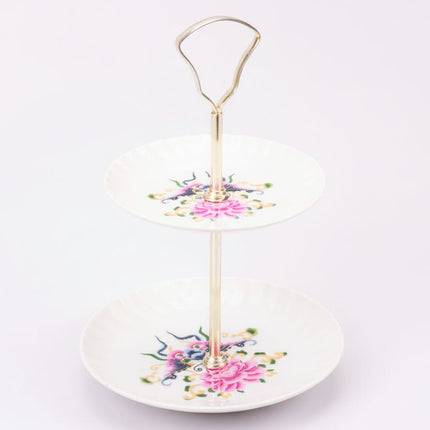 Présentoir à étages en porcelaine blanche Lourioux à motif fleuri rose