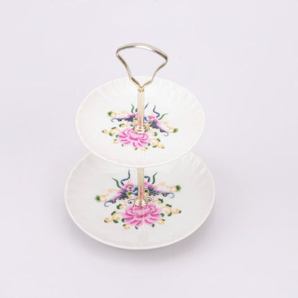 Présentoir à étages en porcelaine blanche Lourioux à motif fleuri rose