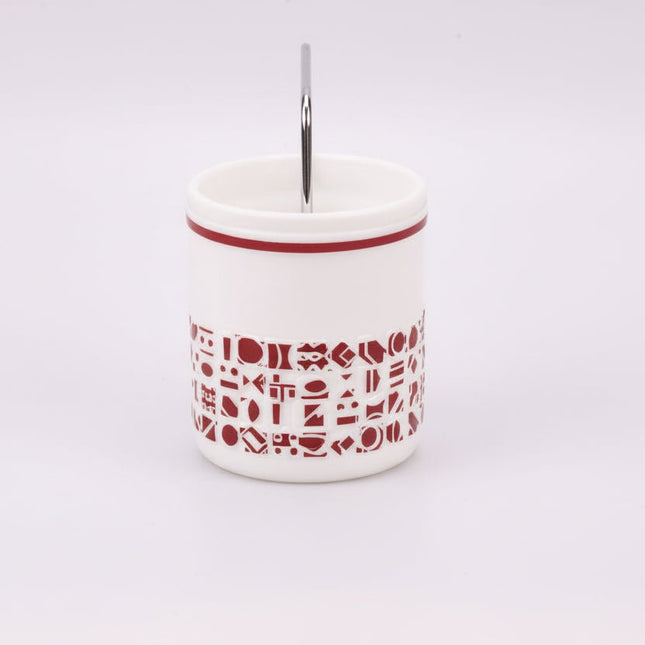 Seau à glaçon blanc en opaline à motifs géométriques rouges