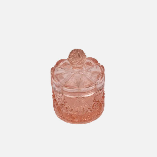 Petit pot rose en verre transparent avec couvercle