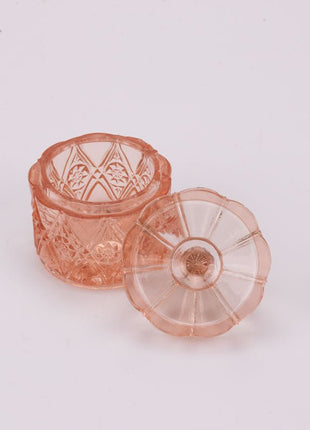 Petit pot rose en verre transparent avec couvercle