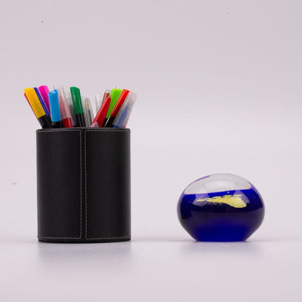 Boule sulfure en verre bleue pied jaune