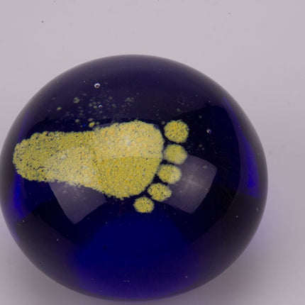 Boule sulfure en verre bleue pied jaune