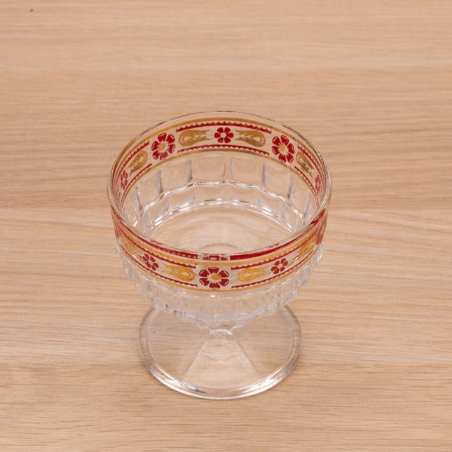 6 coupes en verre ciselé transparent avec décors rouges