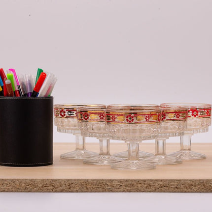 6 coupes en verre ciselé transparent avec décors rouges