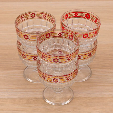 6 coupes en verre ciselé transparent avec décors rouges