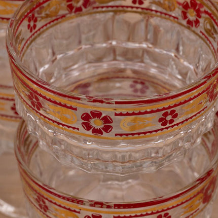 6 coupes en verre ciselé transparent avec décors rouges