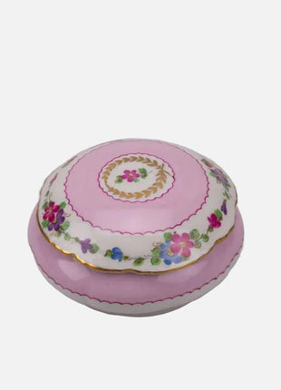 Bonbonnière en porcelaine Limoges rose avec motifs fleuris