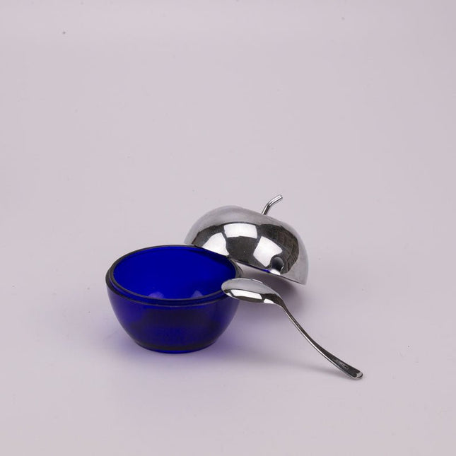 Sucrier en verre bleu et inox argenté et petite cuillère 