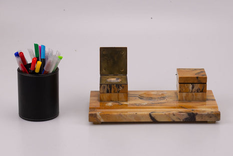 Encrier vintage en marbre orange à 2 têtes 