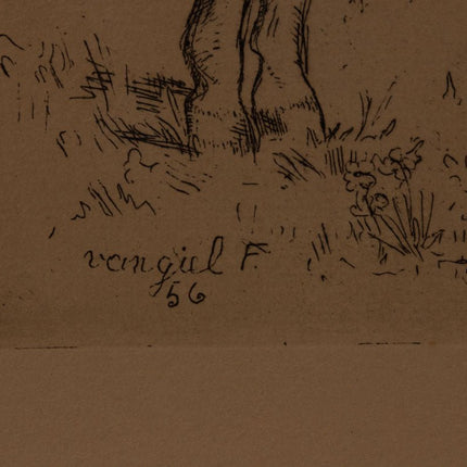 Dessin encadré de poulains par Van Giel 1956