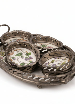 Plateau en étain et faïence avec 8 sous verres motifs fleuris