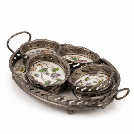 Plateau en étain et faïence avec 8 sous verres motifs fleuris