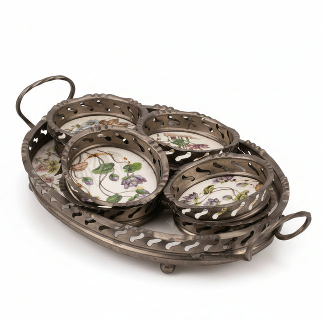 Plateau en étain et faïence avec 8 sous verres motifs fleuris