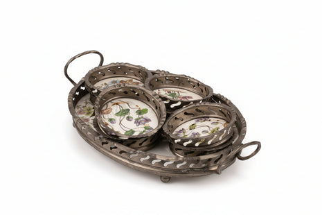 Plateau en étain et faïence avec 8 sous verres motifs fleuris