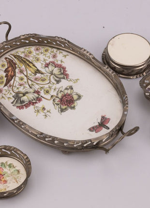 Plateau en étain et faïence avec 8 sous verres motifs fleuris