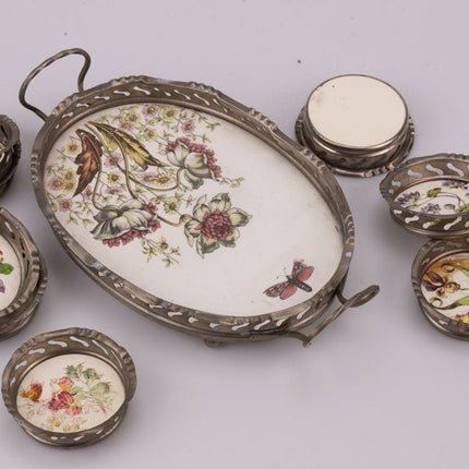Plateau en étain et faïence avec 8 sous verres motifs fleuris
