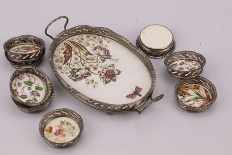 Plateau en étain et faïence avec 8 sous verres motifs fleuris