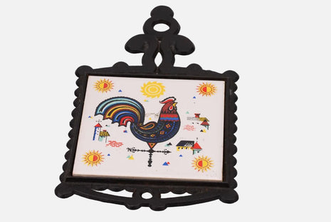 Sous-plat ou déco en fer forgé et faïence dessin de coq