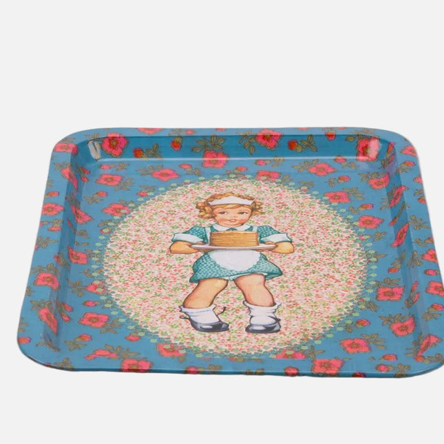 Plateau de cantine petite fille bleu et fleurs rouges