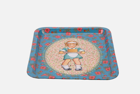 Plateau de cantine petite fille bleu et fleurs rouges