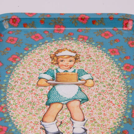 Plateau de cantine petite fille bleu et fleurs rouges