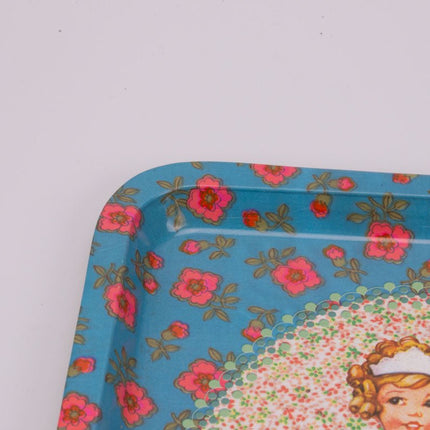 Plateau de cantine petite fille bleu et fleurs rouges