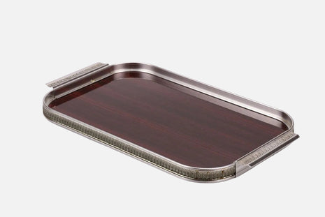Plateau bois et métal MB argenté et marron foncé à 2 hanses