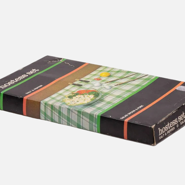 Set à salade poivrier salière et couverts en inox dans boîte d'origine