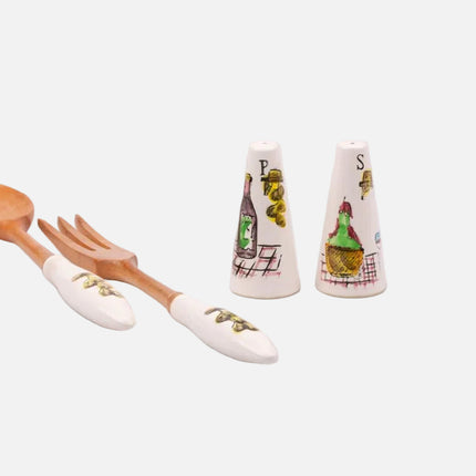 Set à salade poivrier salière et couverts blanc et marron