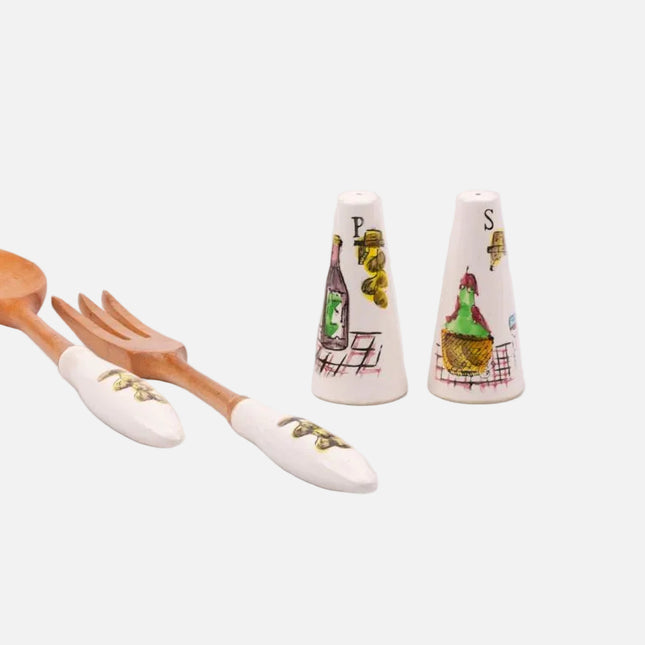 Set à salade poivrier salière et couverts blanc et marron