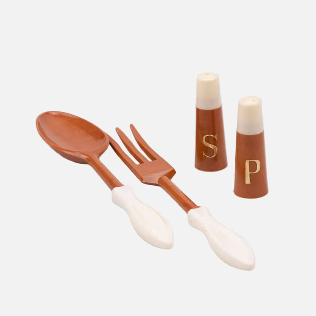 Set à salade poivrier salière et couverts marron boîte d'origine