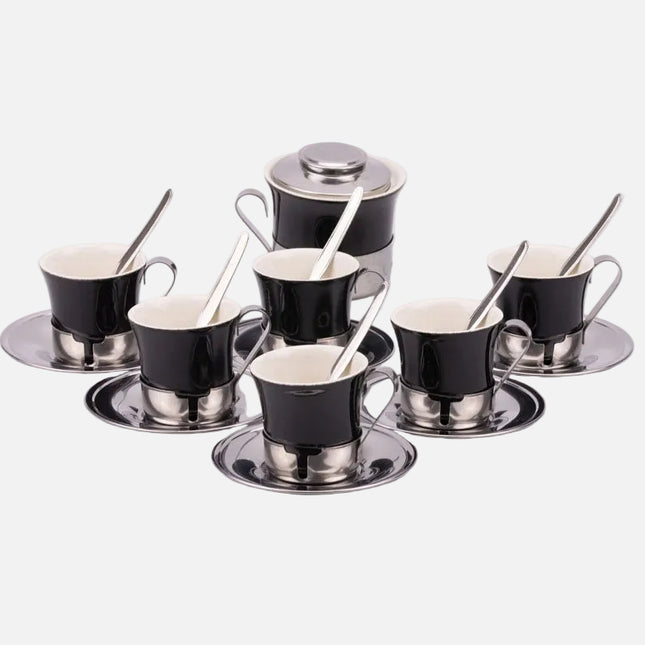 Service à café 6 personnes Porcelaine et métal Inoxriv dans boîte d'origine