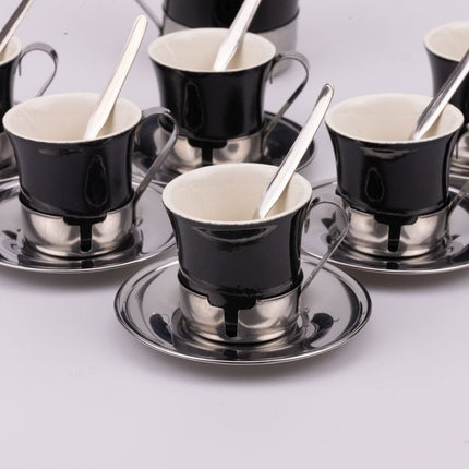 Koffieservies voor 6 personen, porselein en metaal