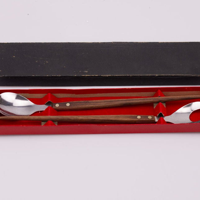 Duo de cuillères à salade en inox et bois dans boite d'origine