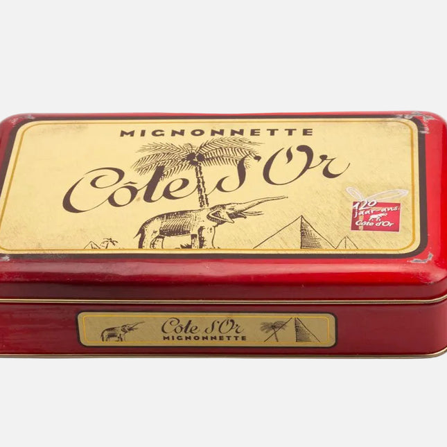 Boîte ancienne en métal Côte d'Or rouge et jaune