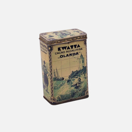 Boîte ancienne en métal cacao Kwatta beige et blanche