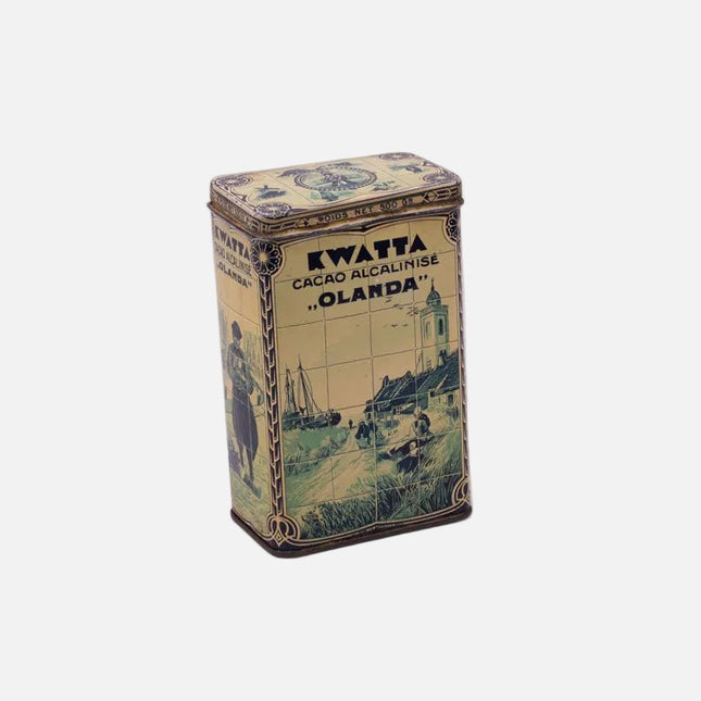 Boîte ancienne en métal cacao Kwatta beige et blanche