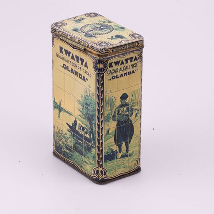 Boîte ancienne en métal cacao Kwatta beige et blanche