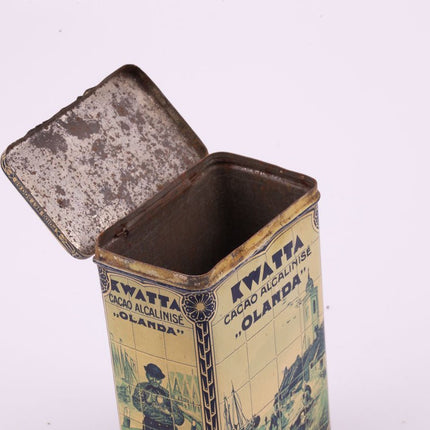 Boîte ancienne en métal cacao Kwatta beige et blanche